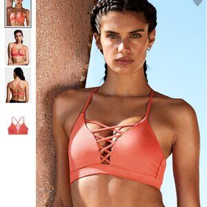 New Victoria's Secret VSX Bra Sport Lace Up Criss Cross Front Coral Reef NWT